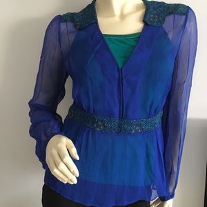 Anthropologie sheer long sleeved silk peplum blouse